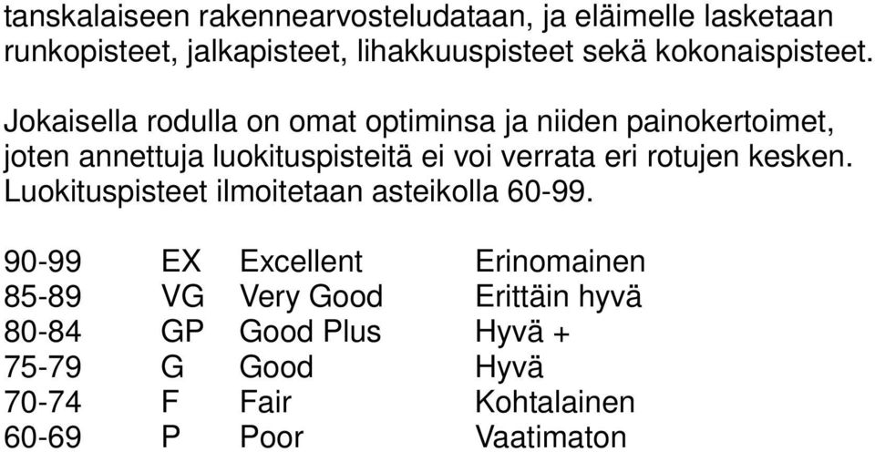 Jokaisella rodulla on omat optiminsa ja niiden painokertoimet, joten annettuja luokituspisteitä ei voi verrata eri