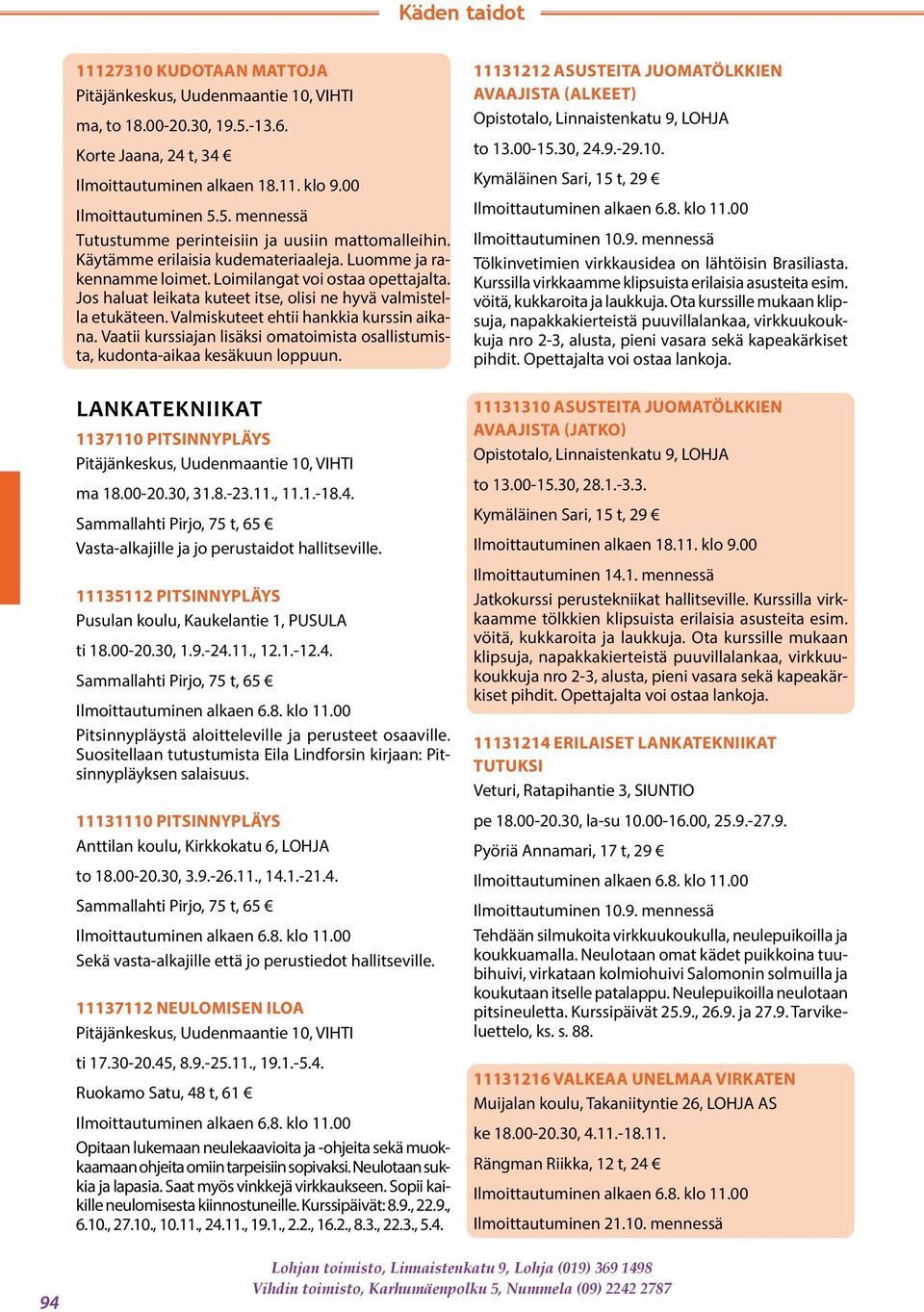 Vaatii kurssiajan lisäksi omatoimista osallistumista, kudonta-aikaa kesäkuun loppuun. LANKATEKNIIKAT 1137110 PITSINNYPLÄYS ma 18.00-20.30, 31.8.-23.11., 11.1.-18.4.