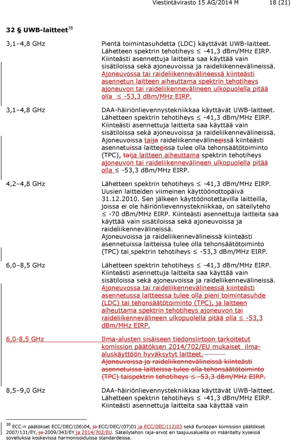Ajoneuvossa tai raideliikennevälineessä kiinteästi asennetun laitteen aiheuttama spektrin tehotiheys ajoneuvon tai raideliikennevälineen ulkopuolella pitää olla -53,3 dbm/mhz EIRP.
