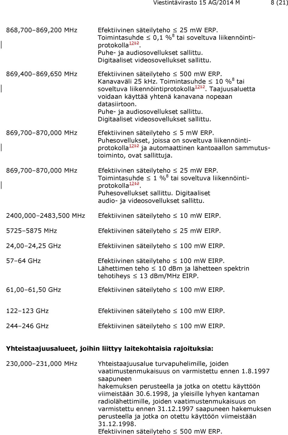 Taajuusaluetta voidaan käyttää yhtenä kanavana nopeaan datasiirtoon. Puhe- ja audiosovellukset sallittu. Digitaaliset videosovellukset sallittu. 869,700 870,000 MHz Efektiivinen säteilyteho 5 mw ERP.