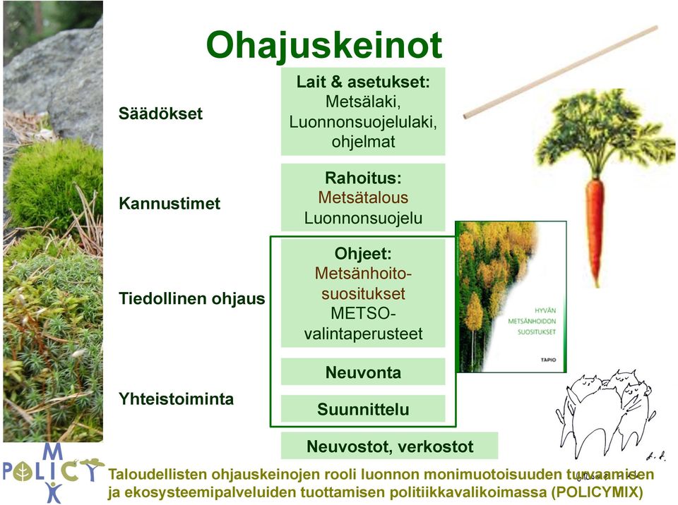 METSOvalintaperusteet Neuvonta Suunnittelu Neuvostot, verkostot Taloudellisten ohjauskeinojen rooli