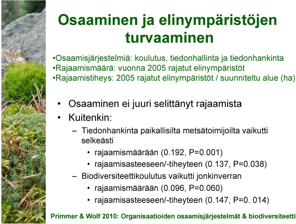 metsätoimijoilta vaikutti selkeästi rajaamismäärään (0.192, P=0.001) rajaamisasteeseen/-tiheyteen (0.137, P=0.