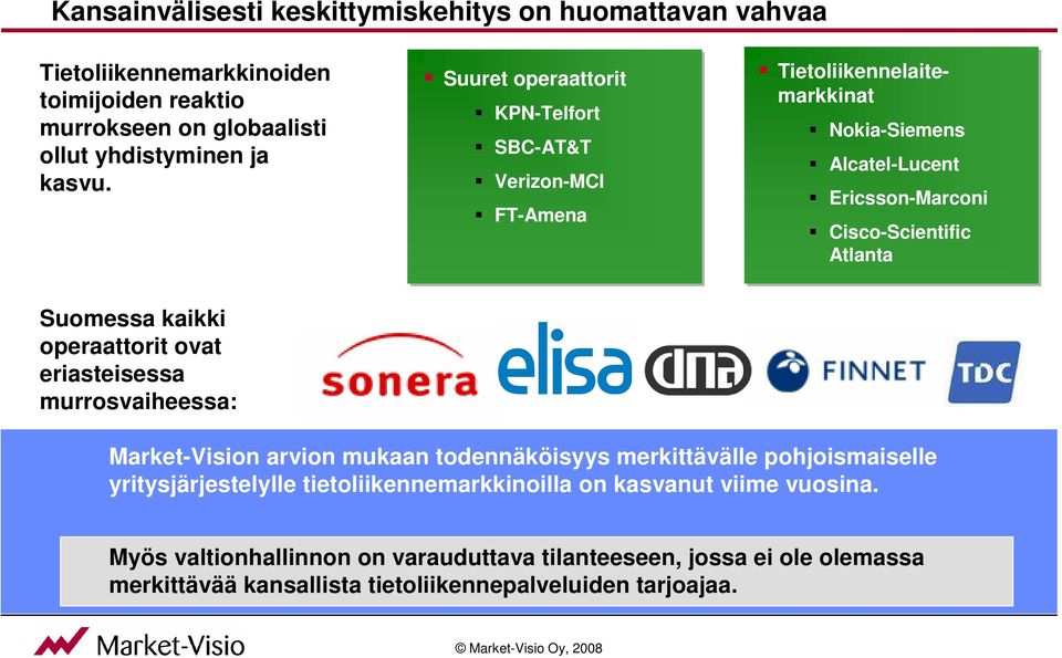 Suomessa kaikki operaattorit ovat eriasteisessa murrosvaiheessa: Market-Vision arvion mukaan todennäköisyys merkittävälle pohjoismaiselle yritysjärjestelylle