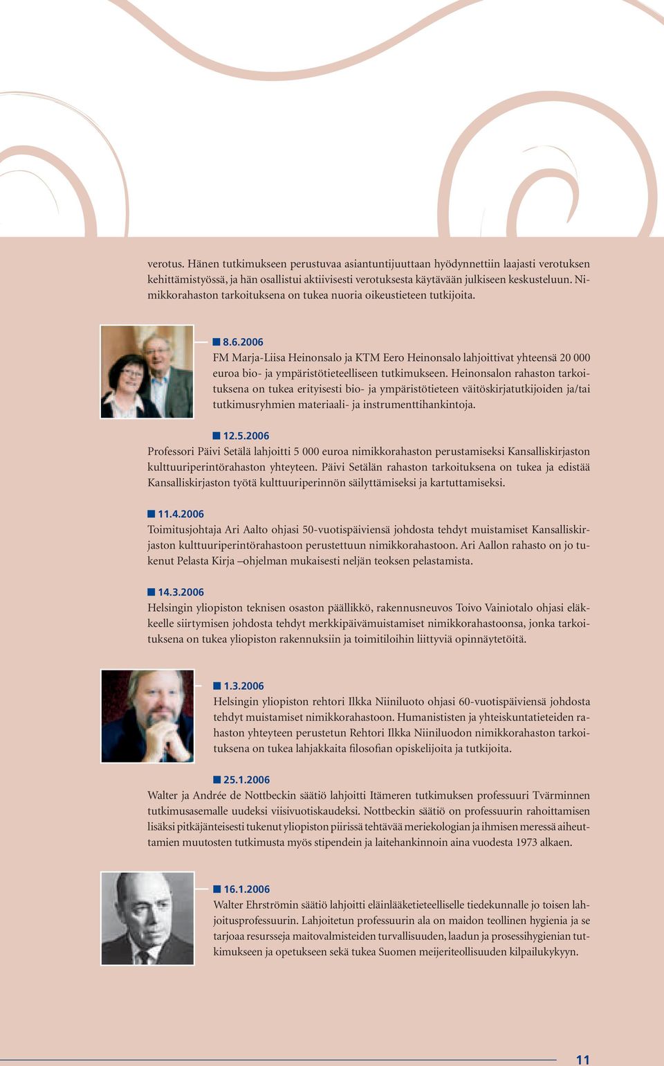 2006 FM Marja-Liisa Heinonsalo ja KTM Eero Heinonsalo lahjoittivat yhteensä 20 000 euroa bio- ja ympäristötieteelliseen tutkimukseen.