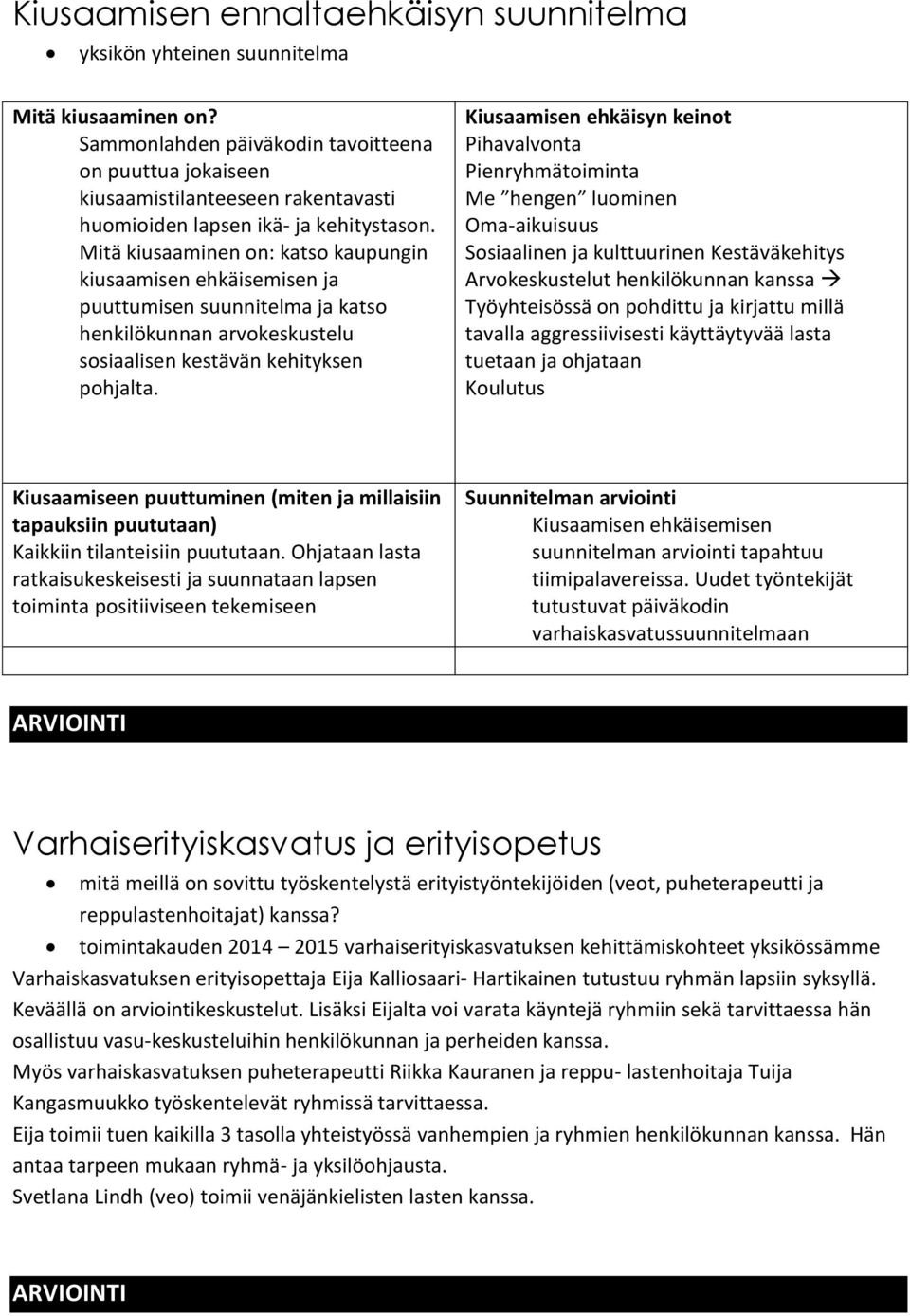 Mitä kiusaaminen on: katso kaupungin kiusaamisen ehkäisemisen ja puuttumisen suunnitelma ja katso henkilökunnan arvokeskustelu sosiaalisen kestävän kehityksen pohjalta.