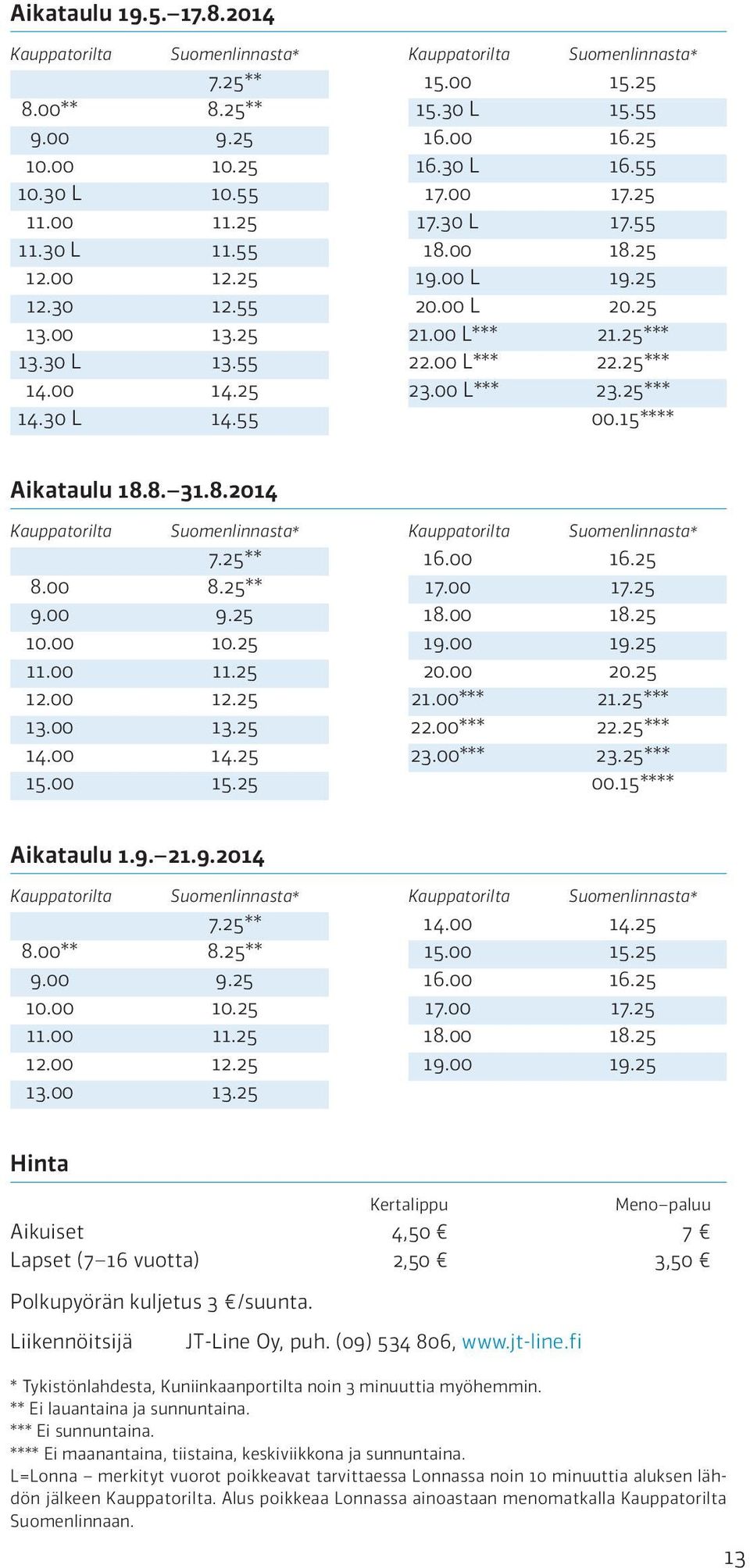 25*** 23.00 L*** 23.25*** 00.15**** Aikataulu 18.8. 31.8.2014 Kauppatorilta Suomenlinnasta* 7.25** 8.00 8.25** 9.00 9.25 10.00 10.25 11.00 11.25 12.00 12.25 13.00 13.25 14.00 14.25 15.00 15.