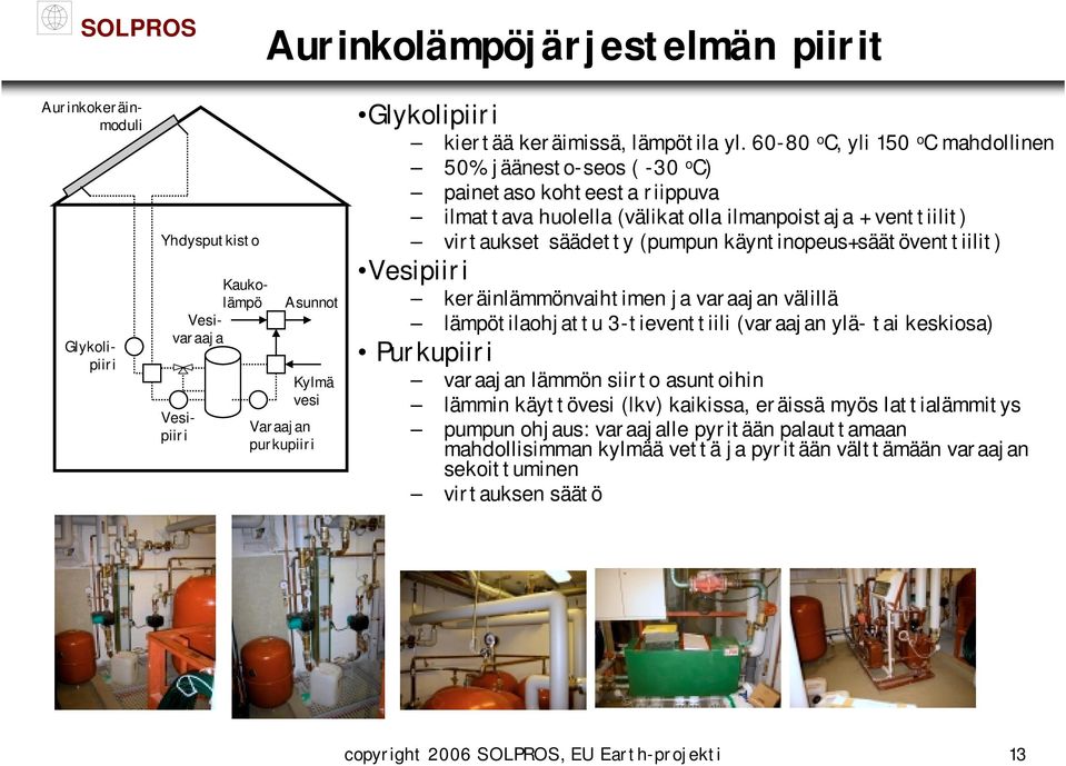 käyntinopeus+säätöventtiilit) Vesipiiri keräinlämmönvaihtimen ja varaajan välillä lämpötilaohjattu 3-tieventtiili (varaajan ylä- tai keskiosa) Purkupiiri varaajan lämmön siirto asuntoihin lämmin