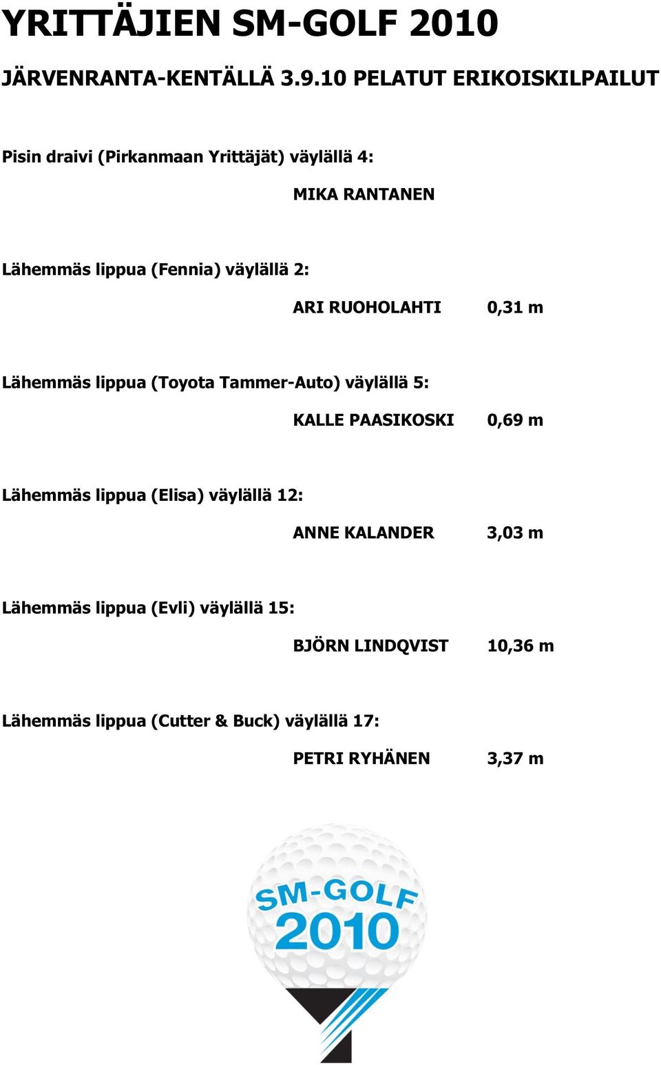 (Fennia) väylällä 2: ARI RUOHOLAHTI 0,31 m Lähemmäs lippua (Toyota Tammer-Auto) väylällä 5: KALLE PAASIKOSKI