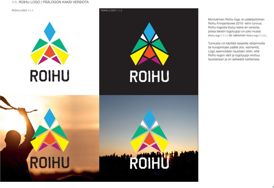 Roihu-logosta löytyy kaksi eri versiota, joissa tekstin logotyyppi on joko musta (Roihu-logo 1.1.1.) tai valkoinen (Roihu-logo 1.