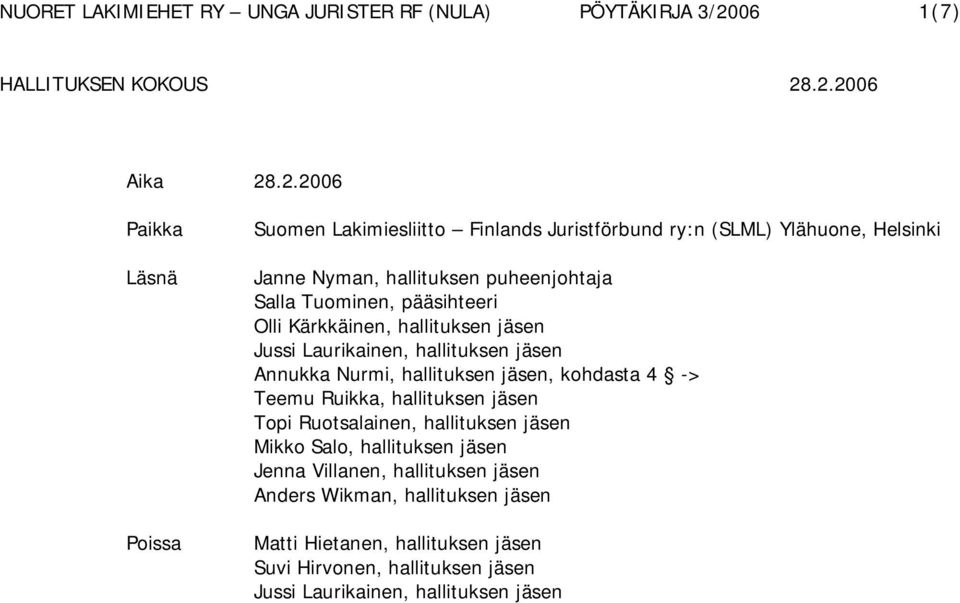 Salla Tuominen, pääsihteeri Olli Kärkkäinen, hallituksen jäsen Jussi Laurikainen, hallituksen jäsen Annukka Nurmi, hallituksen jäsen, kohdasta