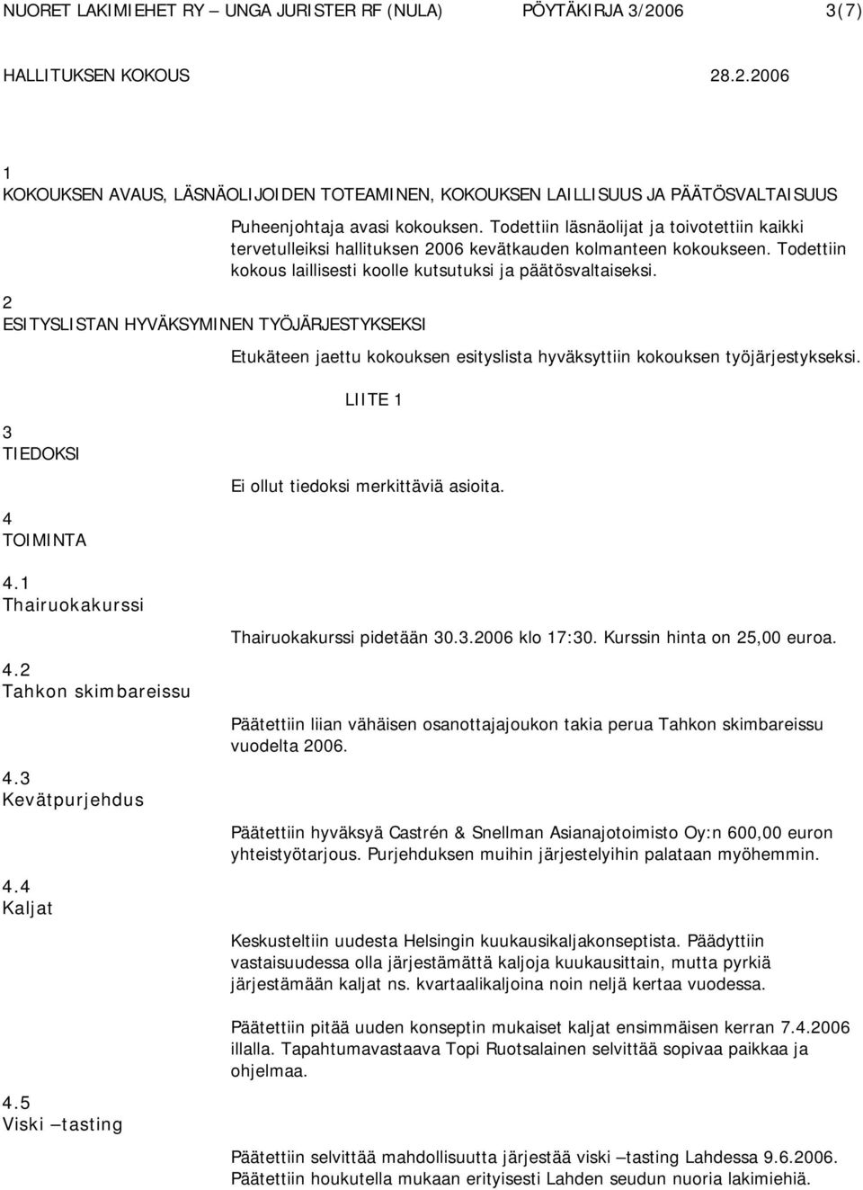 Etukäteen jaettu kokouksen esityslista hyväksyttiin kokouksen työjärjestykseksi. 3 TIEDOKSI 4 TOIMINTA 4.1 Thairuokakurssi 4.2 Tahkon skimbareissu 4.3 Kevätpurjehdus 4.4 Kaljat 4.