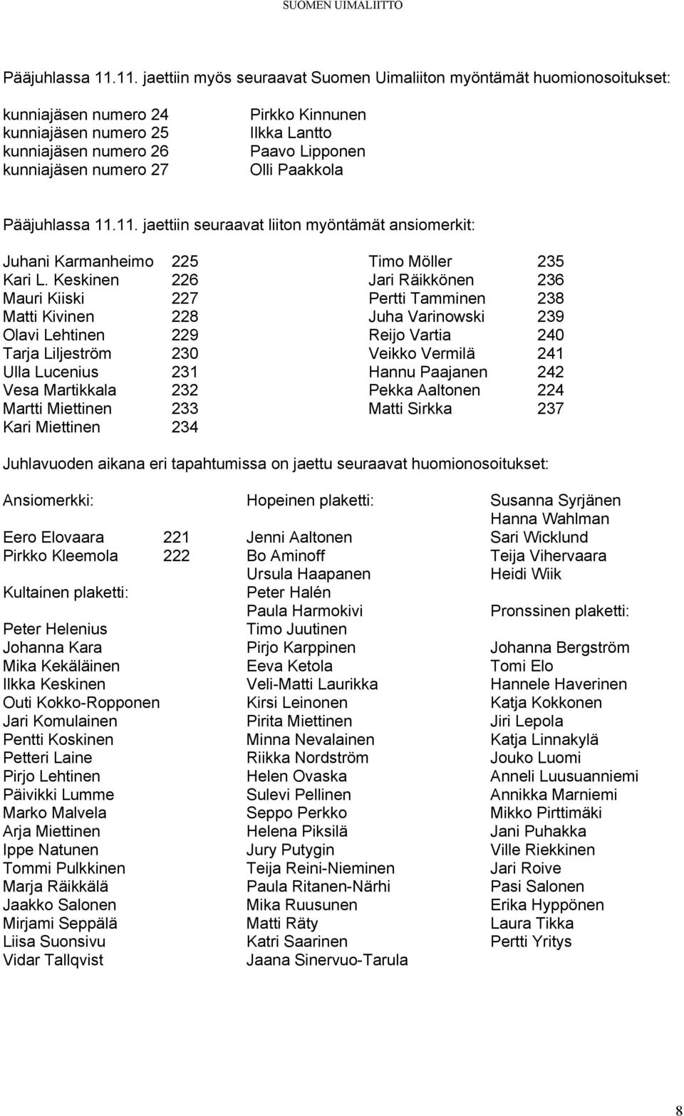 Lipponen Olli Paakkola 11. jaettiin seuraavat liiton myöntämät ansiomerkit: Juhani Karmanheimo 225 Kari L.