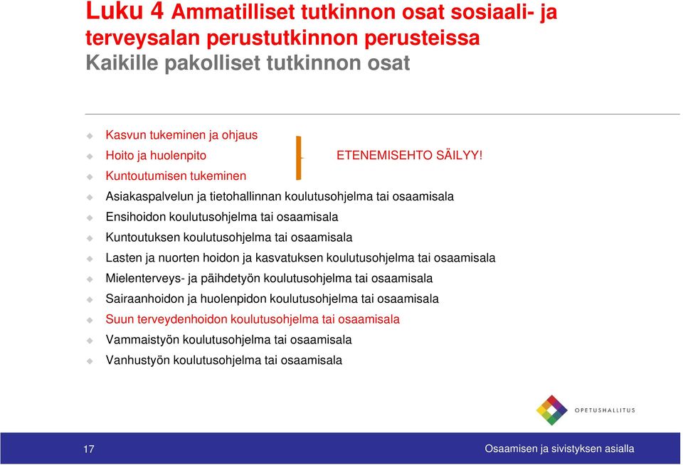 Kuntoutumisen tukeminen Asiakaspalvelun ja tietohallinnan koulutusohjelma tai osaamisala Ensihoidon koulutusohjelma tai osaamisala Kuntoutuksen koulutusohjelma tai osaamisala Lasten