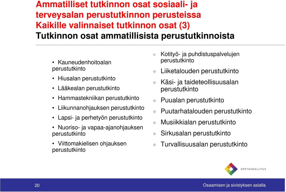 Nuoriso- ja vapaa-ajanohjauksen perustutkinto Viittomakielisen ohjauksen perustutkinto Kotityö- ja puhdistuspalvelujen perustutkinto Liiketalouden perustutkinto Käsi- ja