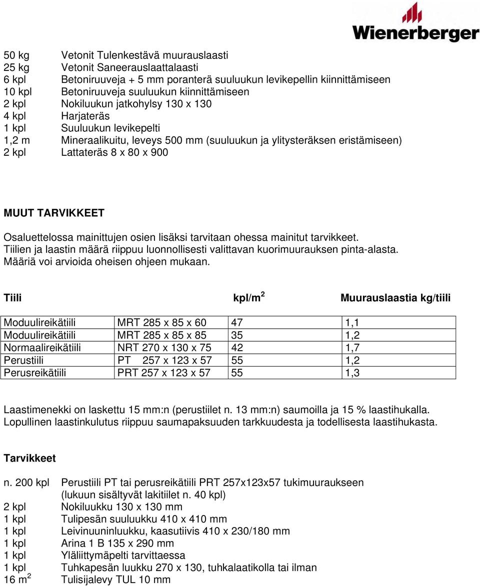 TARVIKKEET Osaluettelossa mainittujen osien lisäksi tarvitaan ohessa mainitut tarvikkeet. Tiilien ja laastin määrä riippuu luonnollisesti valittavan kuorimuurauksen pinta-alasta.