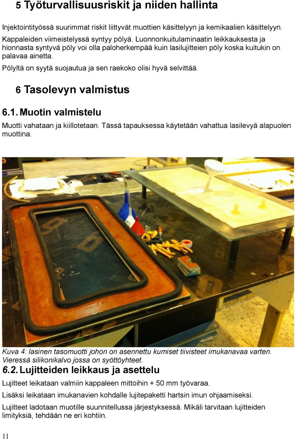 Pölyltä on syytä suojautua ja sen raekoko olisi hyvä selvittää. 6 Tasolevyn valmistus 6.1. Muotin valmistelu Muotti vahataan ja kiillotetaan.