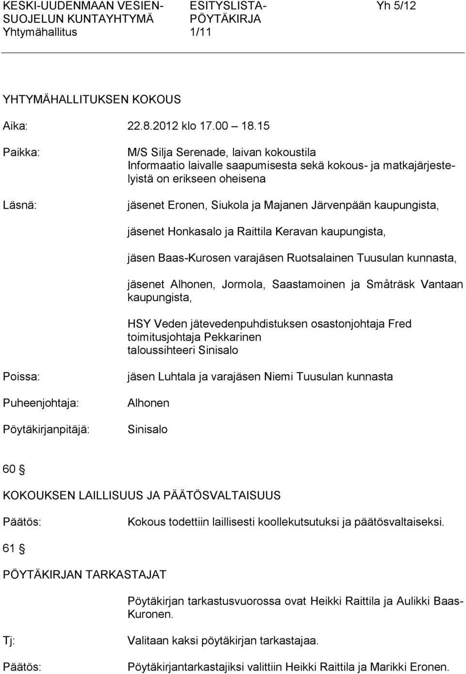 kaupungista, jäsenet Honkasalo ja Raittila Keravan kaupungista, jäsen Baas-Kurosen varajäsen Ruotsalainen Tuusulan kunnasta, jäsenet Alhonen, Jormola, Saastamoinen ja Småträsk Vantaan kaupungista,