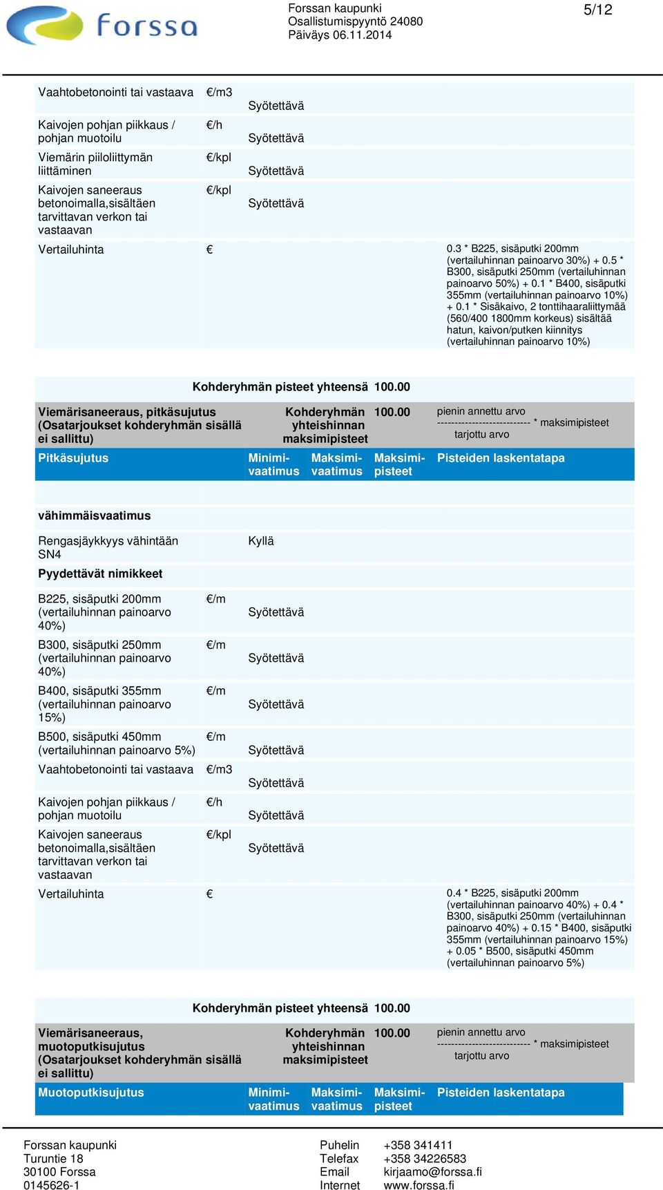 1 * Sisäkaivo, 2 tonttihaaraliittymää (560/400 1800mm korkeus) sisältää hatun, kaivon/putken kiinnitys 10%) Viemärisaneeraus, pitkäsujutus Pitkäsujutus Rengasjäykkyys vähintään SN4 B225, sisäputki