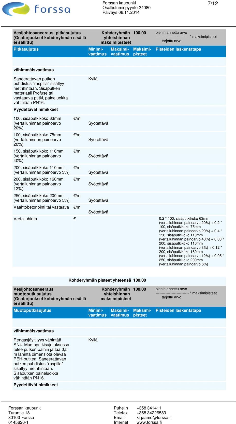 vastaava Vertailuhinta 0.2 * 100, sisäputkikoko 63mm 20%) + 0.2 * 100, sisäputkikoko 75mm 20%) + 0.4 * 150, sisäputkikoko 110mm 40%) + 0.03 * 200, sisäputkikoko 110mm 3%) + 0.