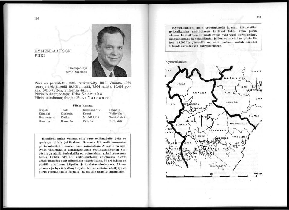 000:lla jäsenellä on mitä parhaat mahdollisuudet liikuntakasvatuksen harrastamiseen. Kymenlaakso HAN, Piiri on perustettu 1906, rekisteröity 1950. Vuonna 1964 seuroja 136, jäseniä 19.868 miestä, 7.