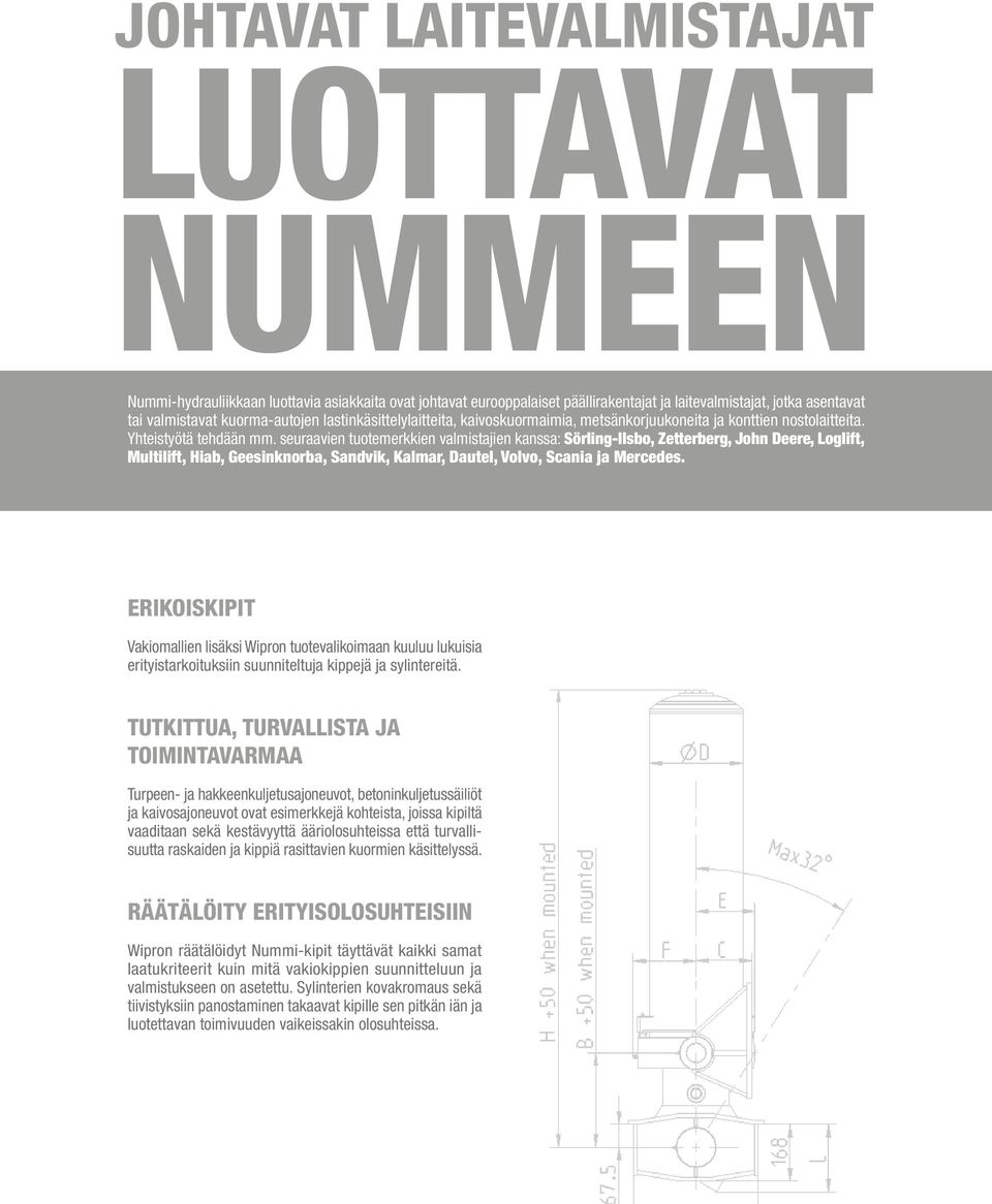 seuraavien tuotemerkkien valmistajien kanssa: Sörling-Ilsbo, Zetterberg, John Deere, Loglift, Multilift, Hiab, Geesinknorba, Sandvik, Kalmar, Dautel, Volvo, Scania ja Mercedes.