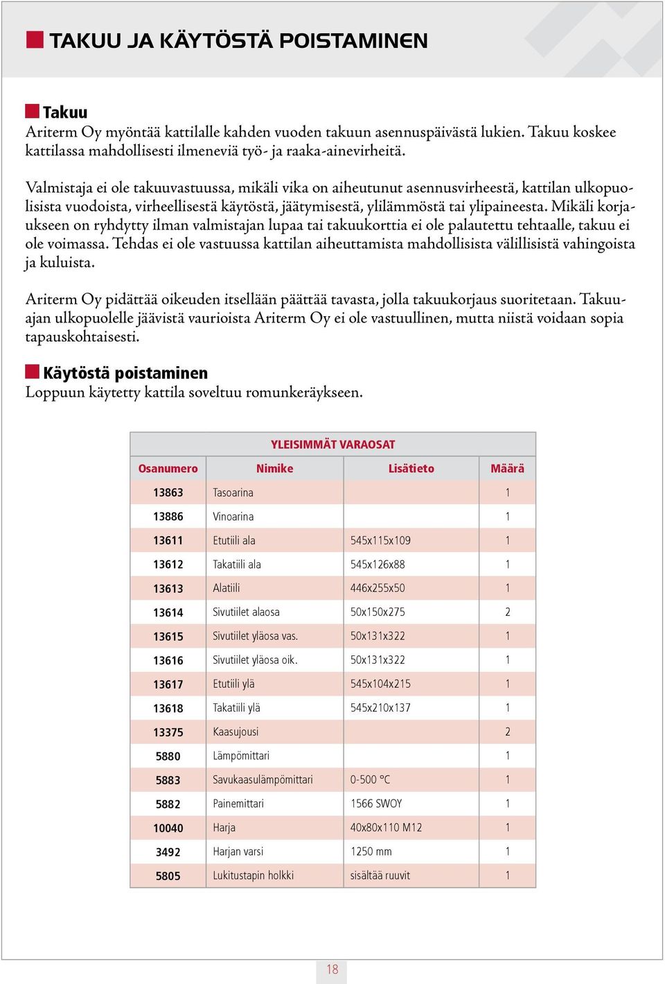 Mikäli korjaukseen on ryhdytty ilman valmistajan lupaa tai takuukorttia ei ole palautettu tehtaalle, takuu ei ole voimassa.