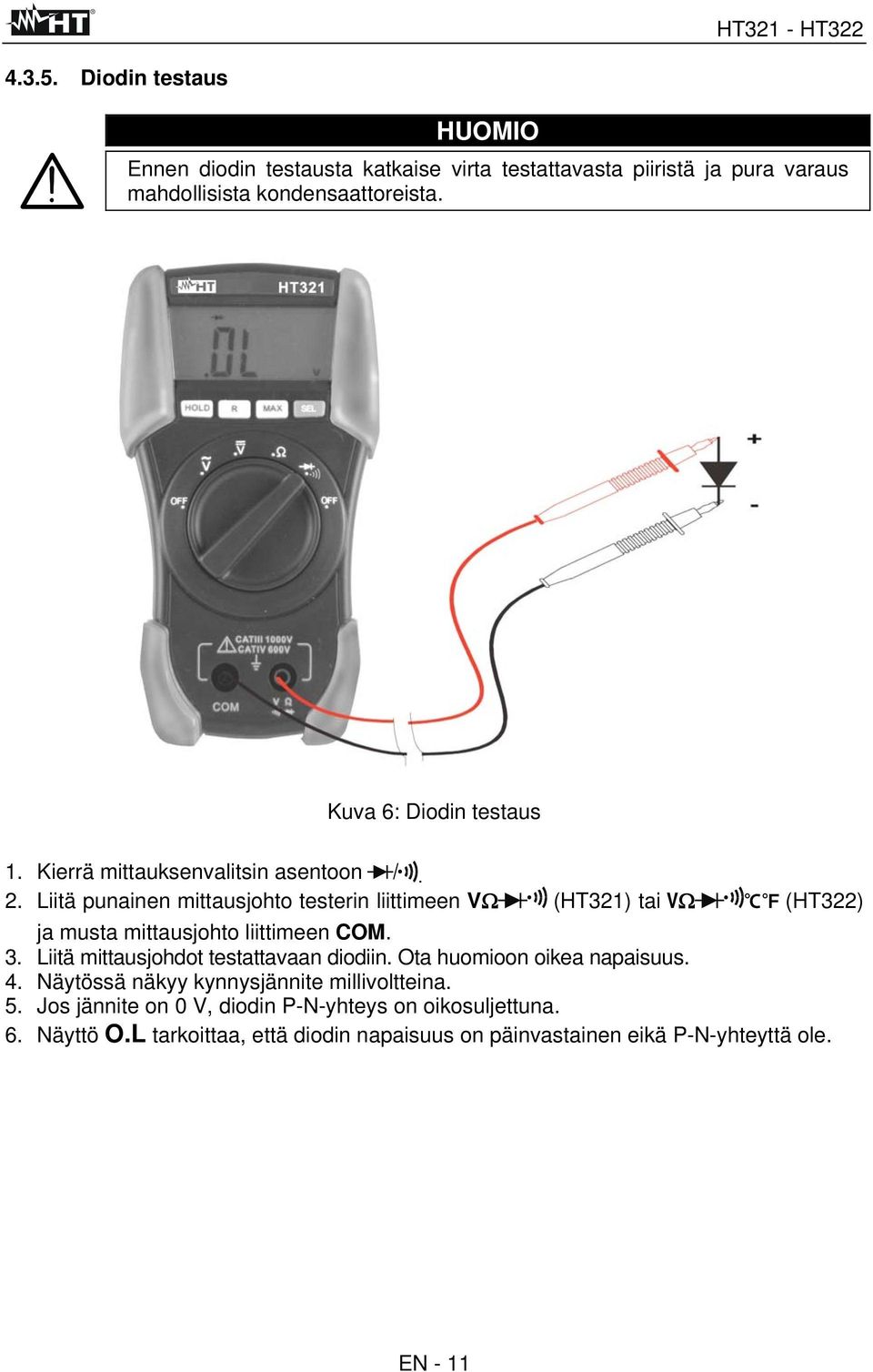 Liitä punainen mittausjohto testerin liittimeen VΩ (HT321) tai VΩ (HT322) ja musta mittausjohto liittimeen COM. 3.