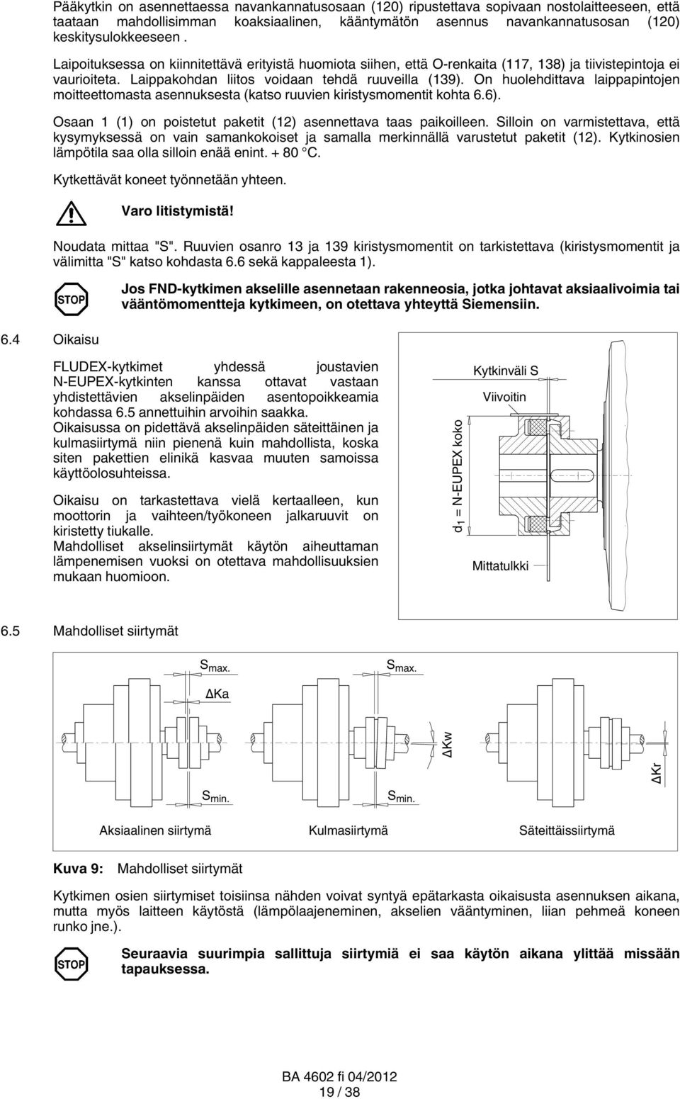 On huolehdittava laippapintojen moitteettomasta asennuksesta (katso ruuvien kiristysmomentit kohta 6.6). Osaan 1 (1) on poistetut paketit (12) asennettava taas paikoilleen.