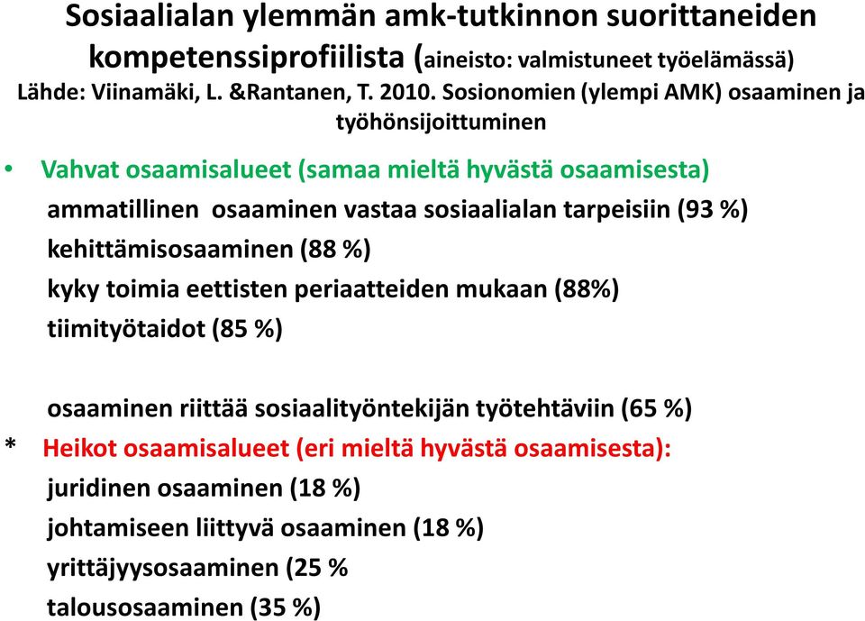 tarpeisiin (93 %) kehittämisosaaminen (88 %) kyky toimia eettisten periaatteiden mukaan (88%) tiimityötaidot (85 %) osaaminen riittää sosiaalityöntekijän