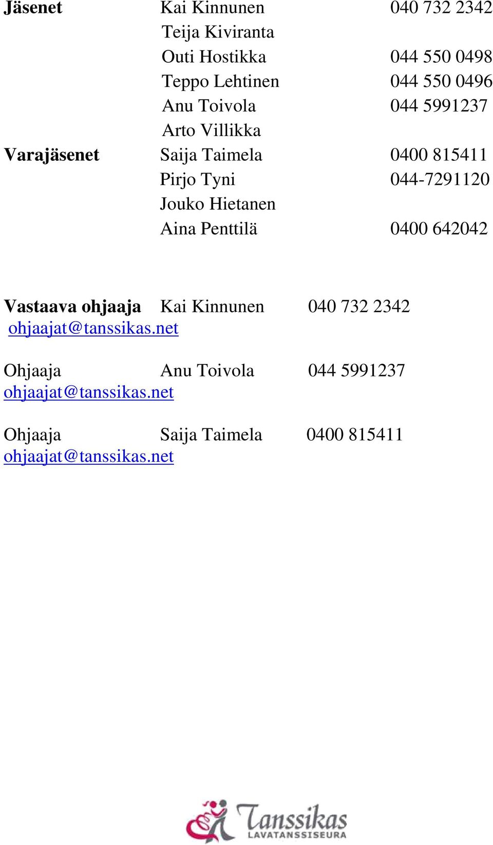 Hietanen Aina Penttilä 0400 642042 Vastaava ohjaaja Kai Kinnunen 040 732 2342 ohjaajat@tanssikas.