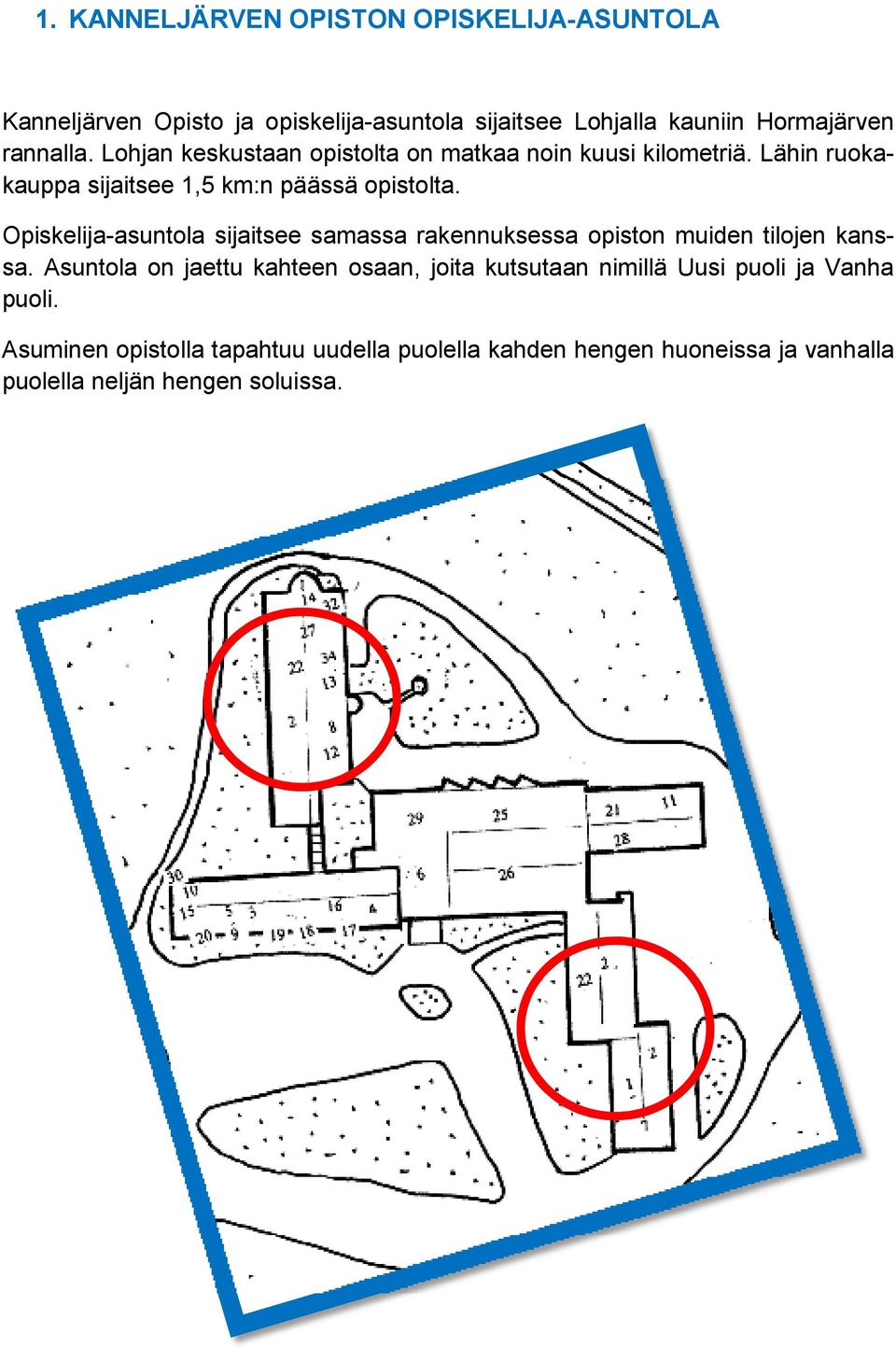 Opiskelija-asuntola sijaitsee samassa rakennuksessa opiston muiden tilojen kanssa.