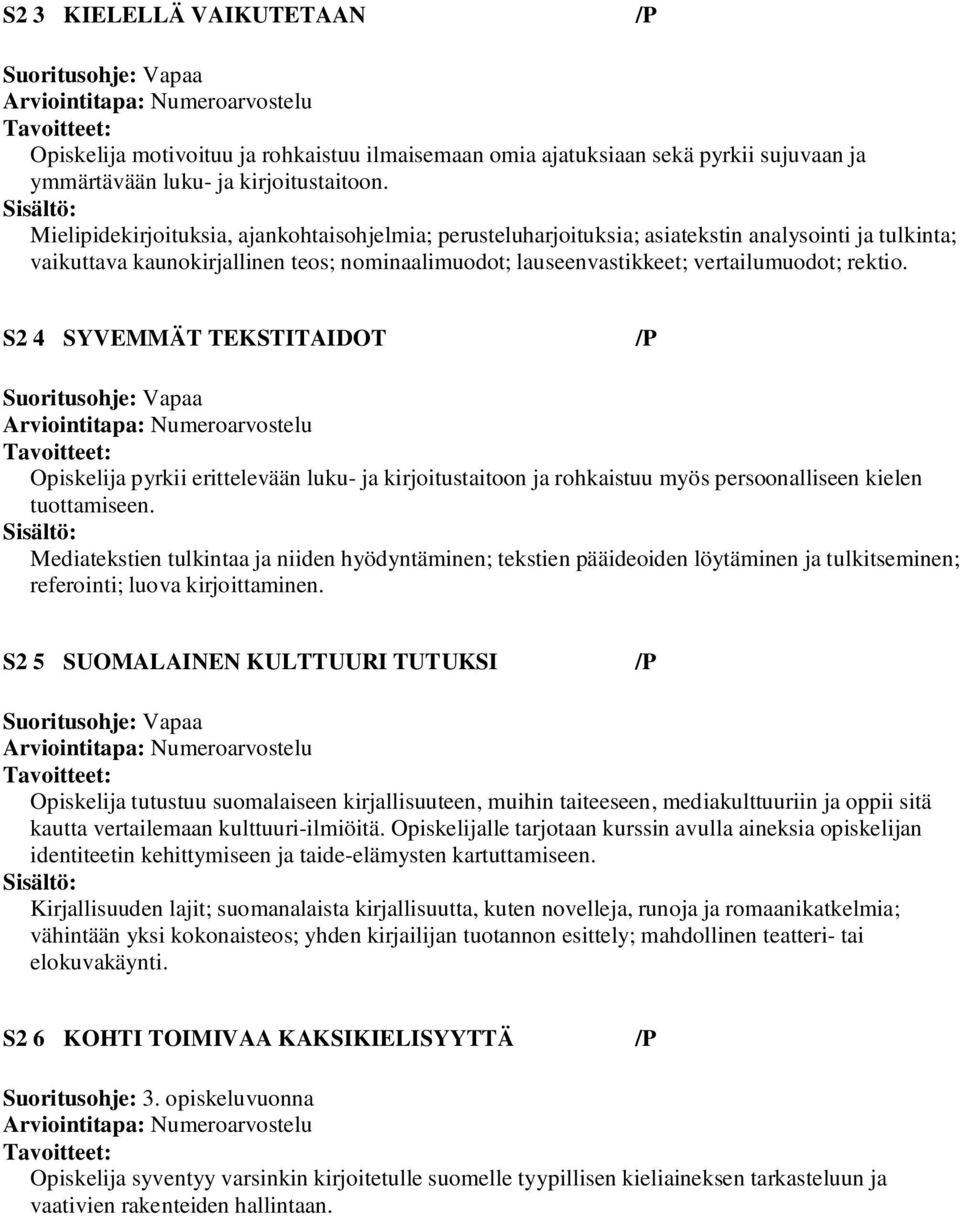 S2 4 SYVEMMÄT TEKSTITAIDOT /P Suoritusohje: Vapaa Tavoitteet: Opiskelija pyrkii erittelevään luku- ja kirjoitustaitoon ja rohkaistuu myös persoonalliseen kielen tuottamiseen.