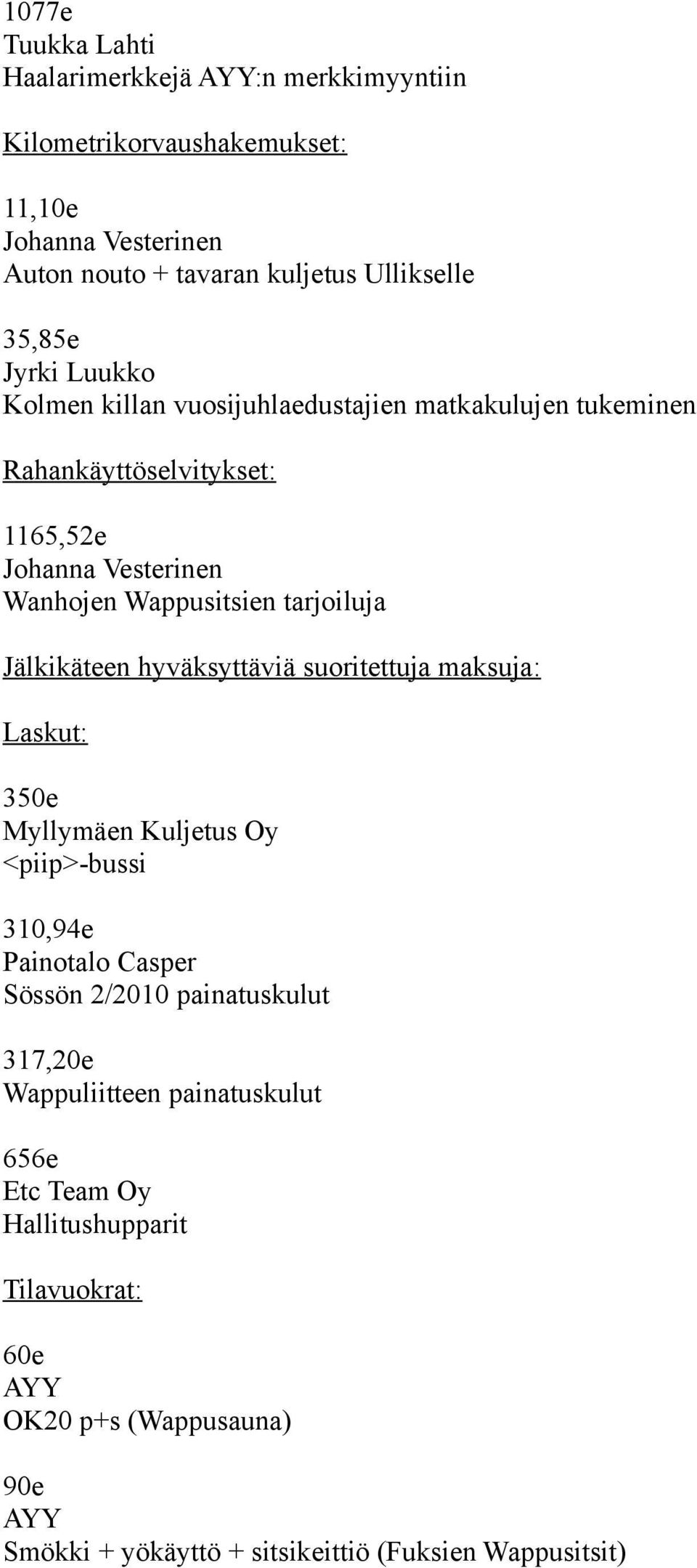 Jälkikäteen hyväksyttäviä suoritettuja maksuja: Laskut: 350e Myllymäen Kuljetus Oy <piip>-bussi 310,94e Painotalo Casper Sössön 2/2010 painatuskulut 317,20e
