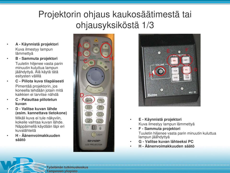 Älä käytä tätä esitysten välillä C - Piilota kuva tilapäisesti Pimentää projektorin, jos koneella tehdään jotain mitä kaikkien ei tarvitse nähdä C - Palauttaa piilotetun kuvan D - Valitse