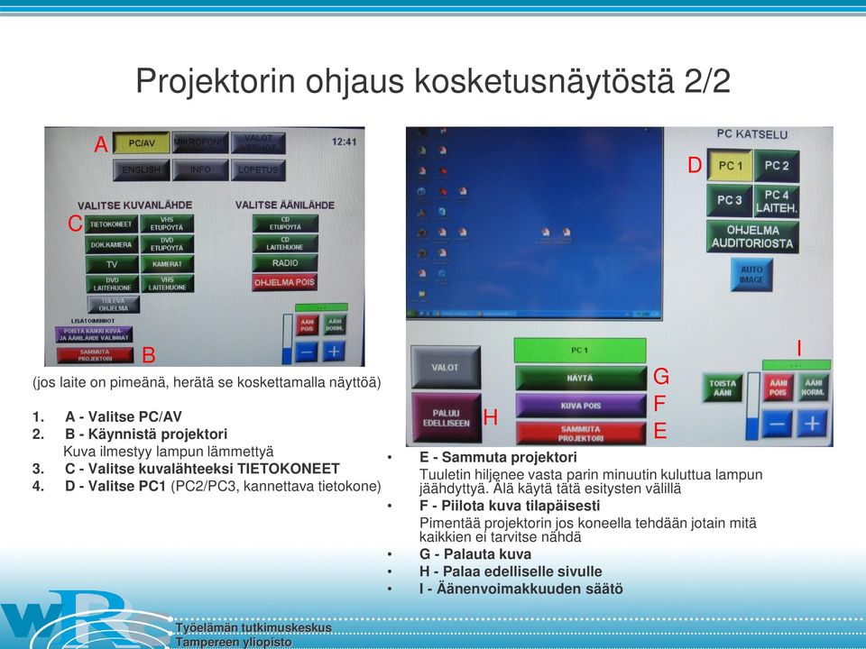 D - Valitse PC1 (PC2/PC3, kannettava tietokone) H G F E E - Sammuta projektori Tuuletin hiljenee vasta parin minuutin kuluttua lampun jäähdyttyä.