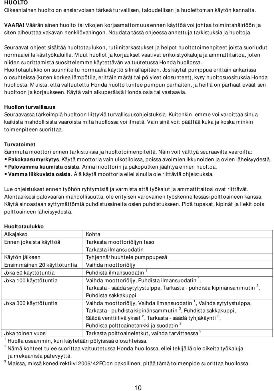 Seuraavat ohjeet sisältää huoltotaulukon, rutiinitarkastukset ja helpot huoltotoimenpiteet joista suoriudut normaaleilla käsityökaluilla.