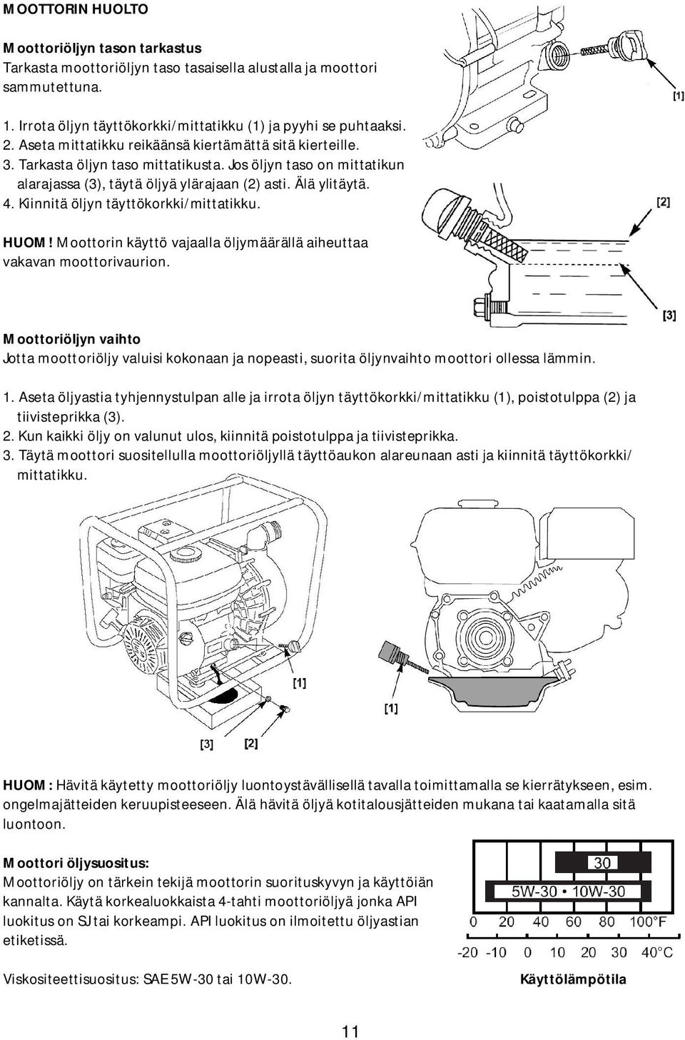 Kiinnitä öljyn täyttökorkki/mittatikku. HUOM! Moottorin käyttö vajaalla öljymäärällä aiheuttaa vakavan moottorivaurion.