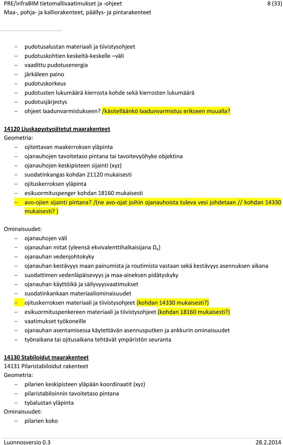 14120 Liuskapystyojitetut maarakenteet ojitettavan maakerroksen yläpinta ojanauhojen tavoitetaso pintana tai tavoitevyöhyke objektina ojanauhojen keskipisteen sijainti (xyz) suodatinkangas kohdan