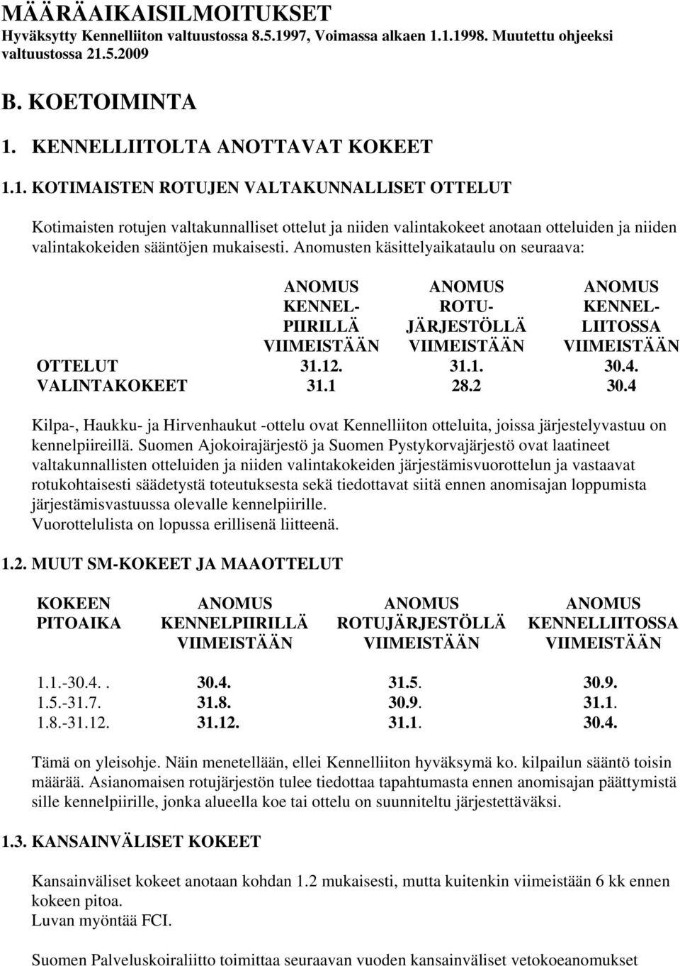 1.1998. Muutettu ohjeeksi valtuustossa 21.5.2009 B. KOETOIMINTA 1. KENNELLIITOLTA ANOTTAVAT KOKEET 1.1. KOTIMAISTEN ROTUJEN VALTAKUNNALLISET OTTELUT Kotimaisten rotujen valtakunnalliset ottelut ja niiden valintakokeet anotaan otteluiden ja niiden valintakokeiden sääntöjen mukaisesti.