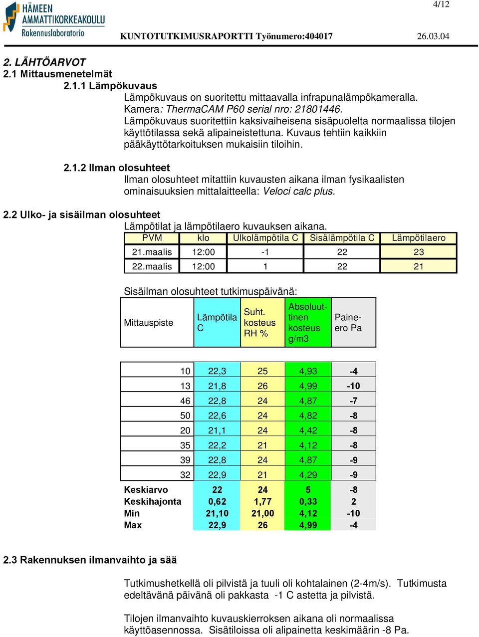 2 Ilman olosuhteet Ilman olosuhteet mitattiin kuvausten aikana ilman fysikaalisten ominaisuuksien mittalaitteella: Veloci calc plus. 2.