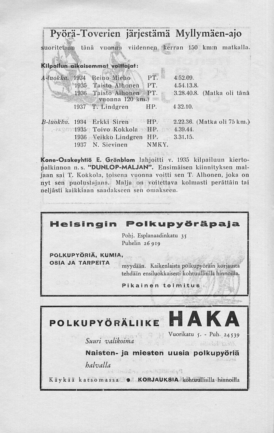 : 1936 Veikko Lindgren HP. 3.31.15. : 1937 N. Sievinen NMKY. kone-osakeyhtiö E. Grönblom lahjoitti v. 1935 kilpailuun kiertopalkinnon n. s. "DUNLOP-MALJAN". Ensimäisen kiinnityksen maljaan sai T.