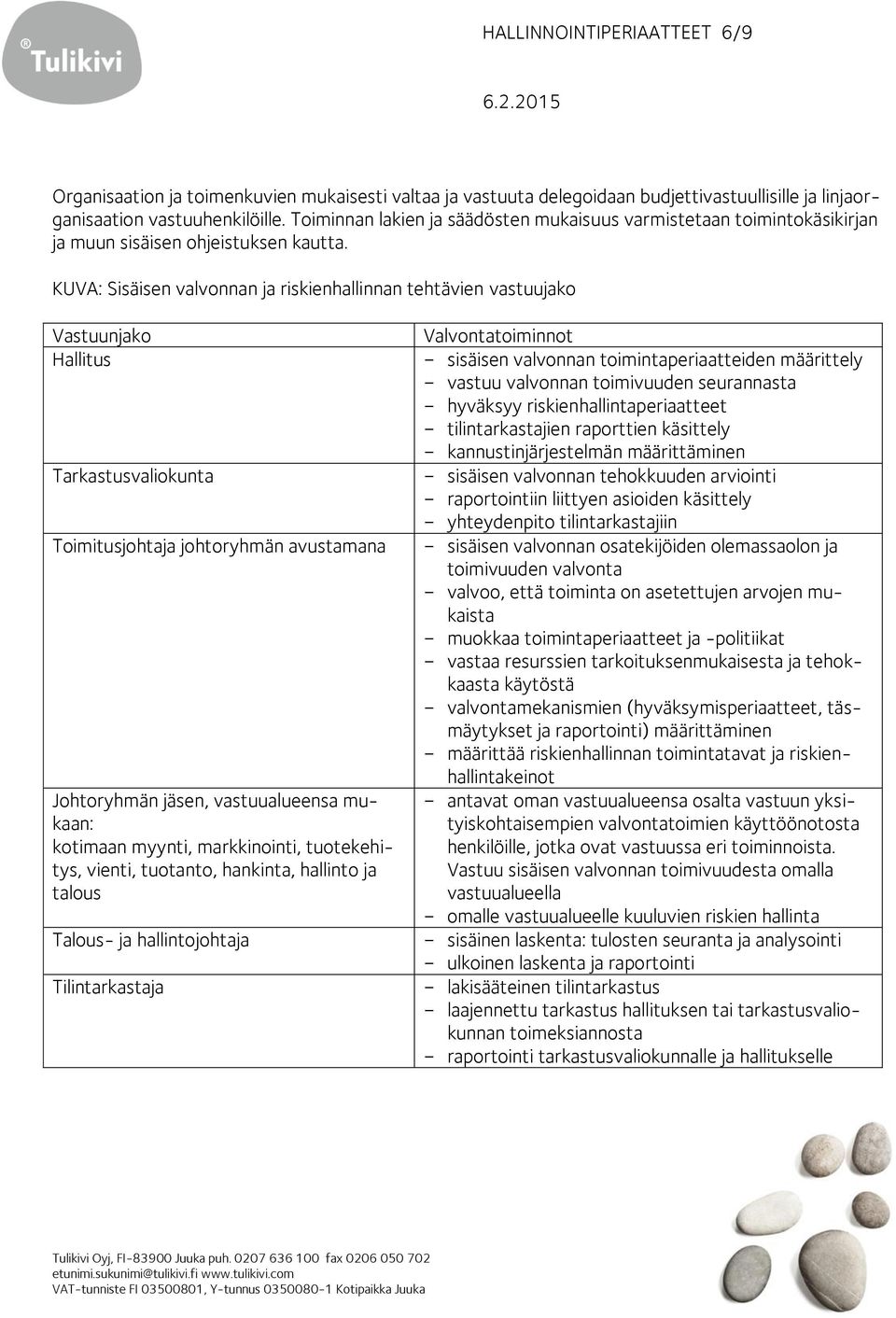 KUVA: Sisäisen valvonnan ja riskienhallinnan tehtävien vastuujako Vastuunjako Hallitus Tarkastusvaliokunta Toimitusjohtaja johtoryhmän avustamana Johtoryhmän jäsen, vastuualueensa mukaan: kotimaan