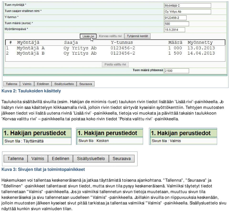 Tehtyjen muutosten jälkeen tiedot voi lisätä uutena rivinä Lisää rivi -painikkeella, tietoja voi muokata ja päivittää takaisin taulukkoon Korvaa valittu rivi painikkeella tai poistaa koko rivin