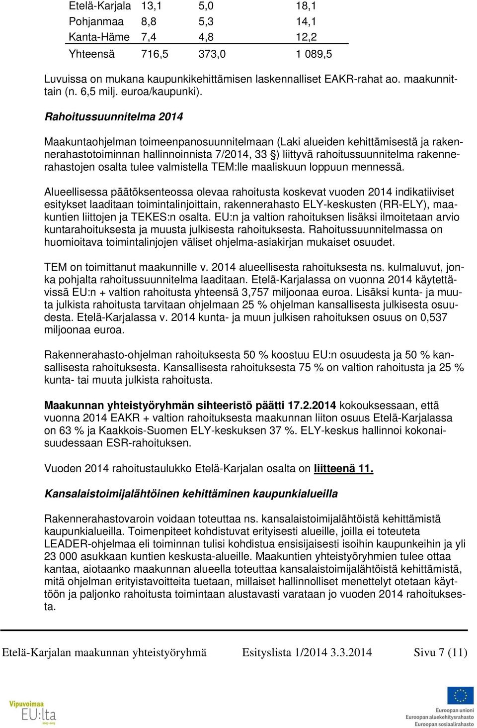 Rahoitussuunnitelma 2014 Maakuntaohjelman toimeenpanosuunnitelmaan (Laki alueiden kehittämisestä ja rakennerahastotoiminnan hallinnoinnista 7/2014, 33 ) liittyvä rahoitussuunnitelma rakennerahastojen