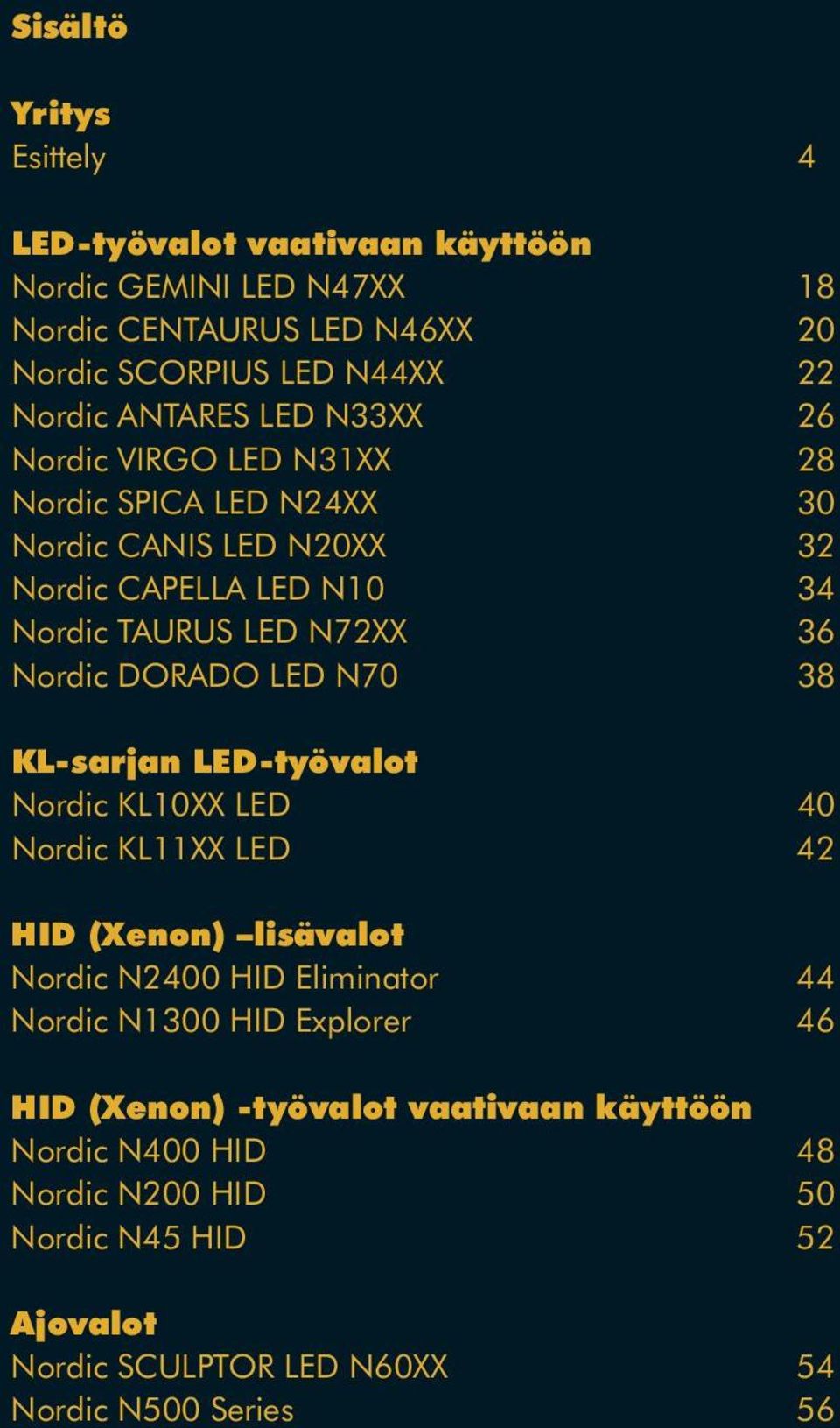 Nordic DORADO LED N70 38 KL-sarjan LED-työvalot Nordic KL10XX LED 40 Nordic KL11XX LED 42 HID (Xenon) lisävalot Nordic N2400 HID Eliminator 44 Nordic N1300