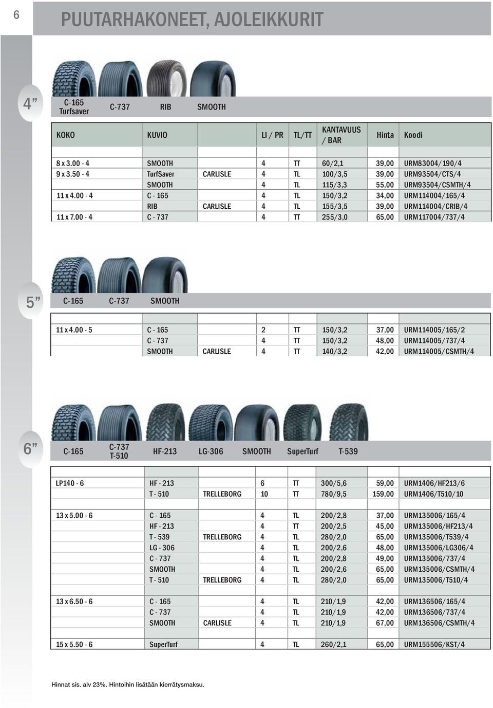 00-4 C - 165 4 TL 150/3,2 34,00 URM114004/165/4 RIB CARLISLE 4 TL 155/3,5 39,00 URM114004/CRIB/4 11 x 7.00-4 C - 737 4 TT 255/3,0 65,00 URM117004/737/4 5 C-165 C-737 SMOOTH 11 x 4.