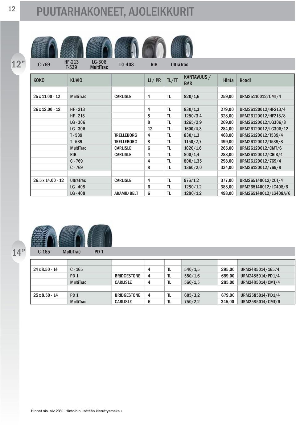 URM26120012/LG306/12 T - 539 TRELLEBORG 4 TL 830/1,3 468,00 URM26120012/T539/4 T - 539 TRELLEBORG 8 TL 1150/2,7 499,00 URM26120012/T539/8 CARLISLE 6 TL 1020/1,6 265,00 URM26120012/CMT/6 RIB CARLISLE