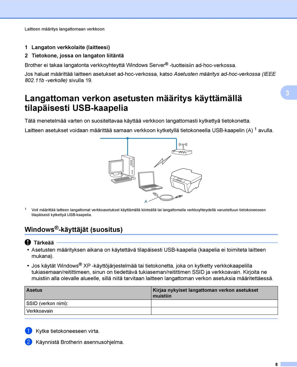 Langattoman verkon asetusten määritys käyttämällä tilapäisesti USB-kaapelia 3 Tätä menetelmää varten on suositeltavaa käyttää verkkoon langattomasti kytkettyä tietokonetta.