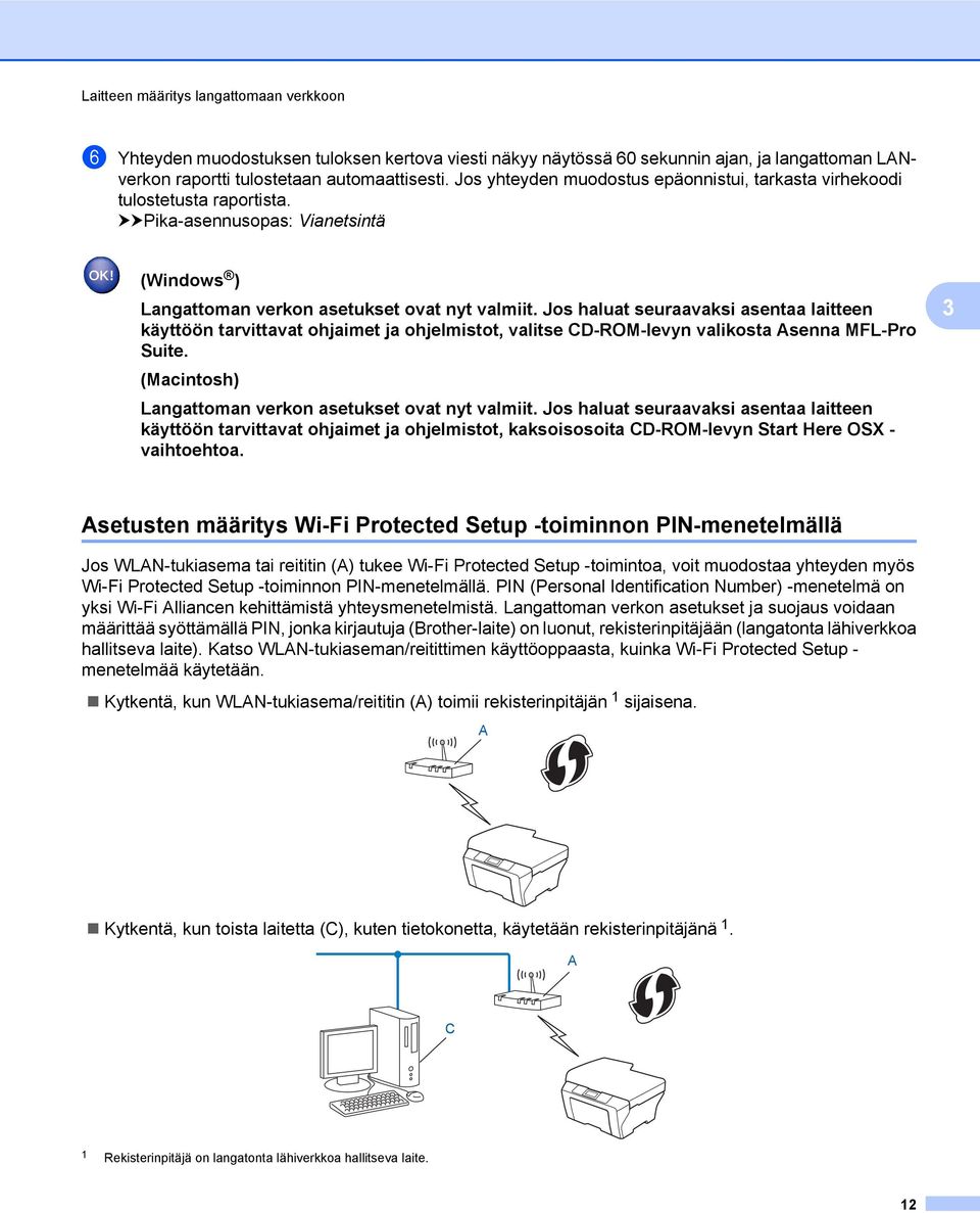 Jos haluat seuraavaksi asentaa laitteen käyttöön tarvittavat ohjaimet ja ohjelmistot, valitse CD-ROM-levyn valikosta Asenna MFL-Pro Suite. (Macintosh) Langattoman verkon asetukset ovat nyt valmiit.