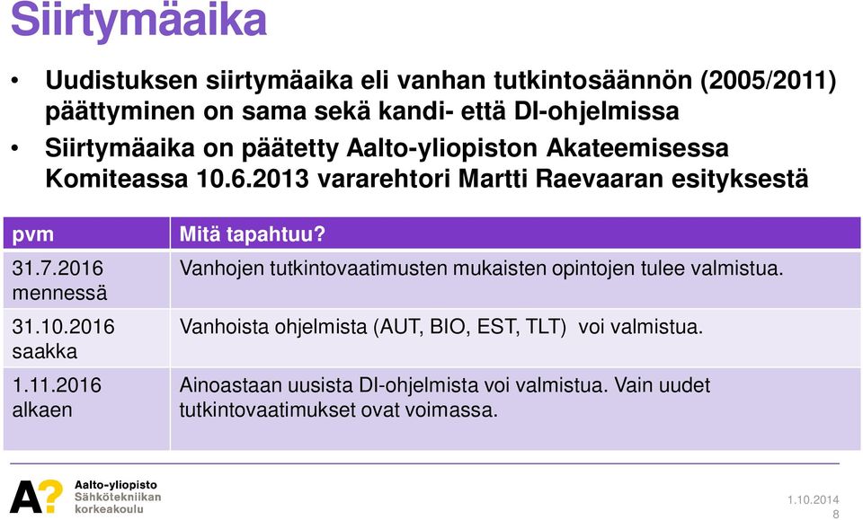 2016 mennessä 31.10.2016 saakka 1.11.2016 alkaen Mitä tapahtuu? Vanhojen tutkintovaatimusten mukaisten opintojen tulee valmistua.